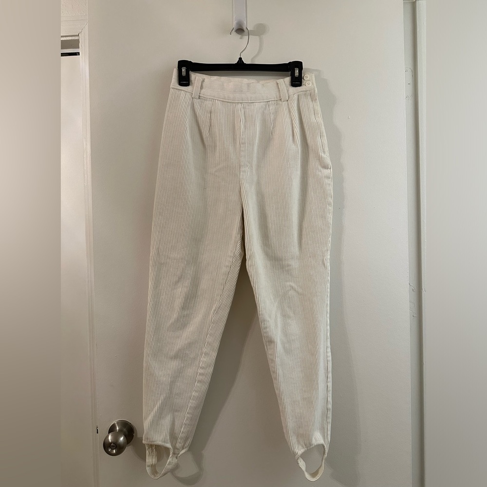 Vintage Equestrian White High Waist Pleated Corduroy Stirrup Pants